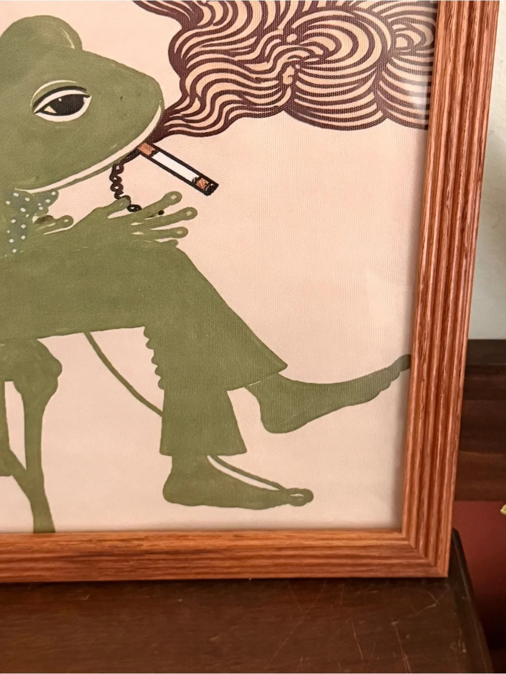 Vintage Smoking Frog Wall Art Wood Framed Quirky Retro Boho Decor Toad 9.25x11.2